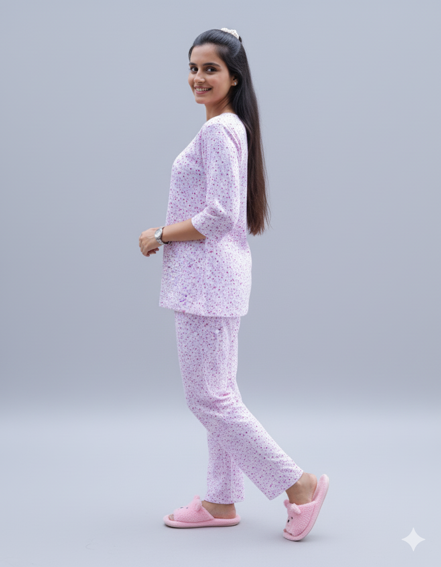 Ditsy Floral White-Pink Pyjama Set (CS1v16)
