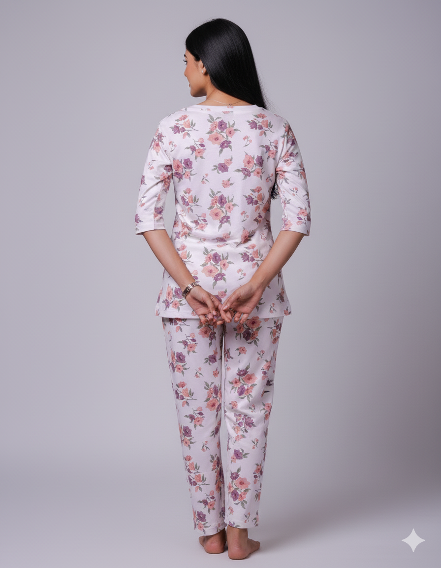 Flower Bunch White-Maroon Pyjama Set (CS1v08)