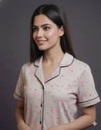 Cadet Gray Pear Fruit design Button Down Night-Suit Set (MTF2v12)