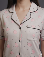 Cadet Gray Pear Fruit design Button Down Night-Suit Set (MTF2v12)