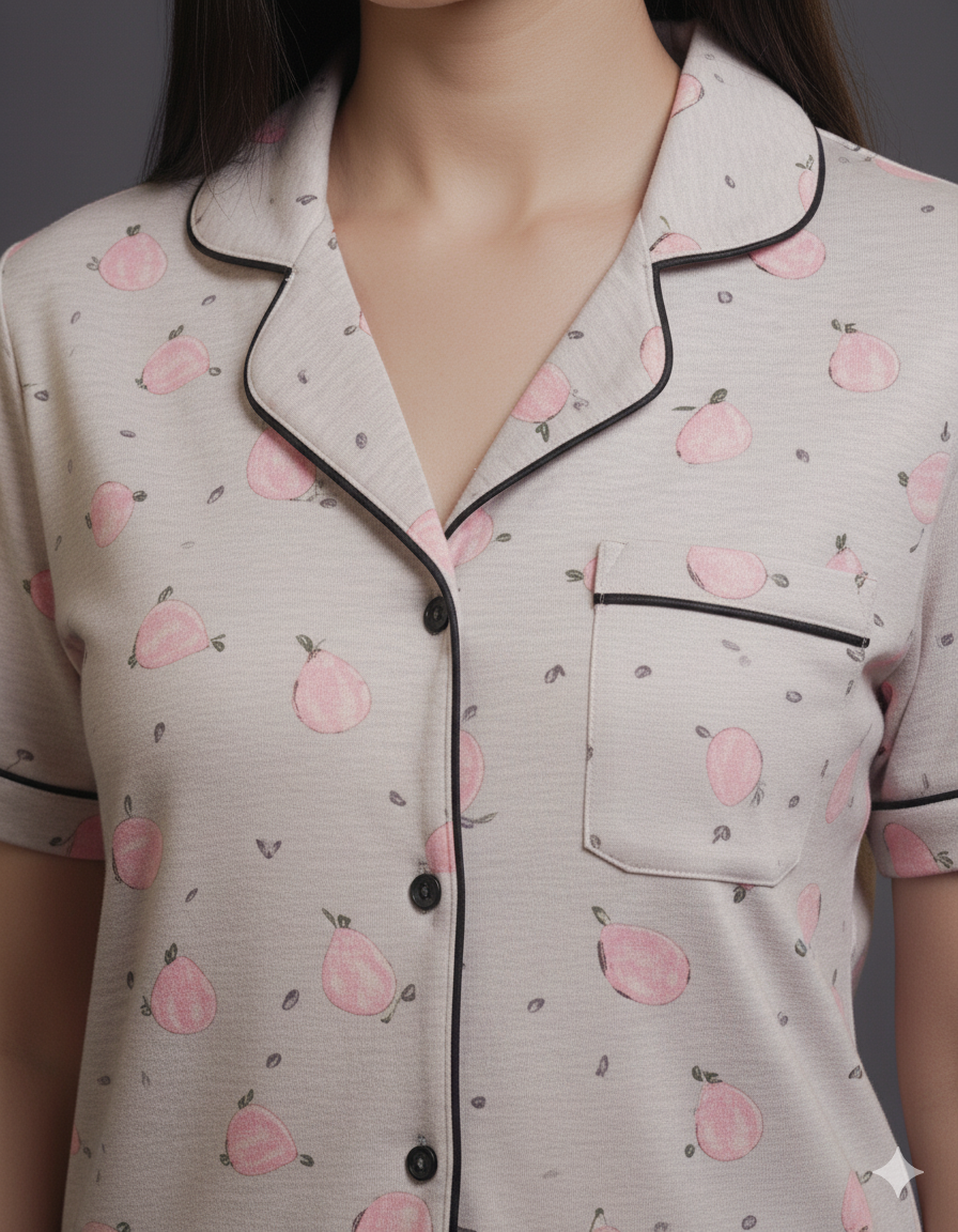 Cadet Gray Pear Fruit design Button Down Night-Suit Set (MTF2v12)