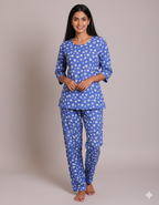 Blue-White Daisy Floral Print Pyjama Set (CS1v11)
