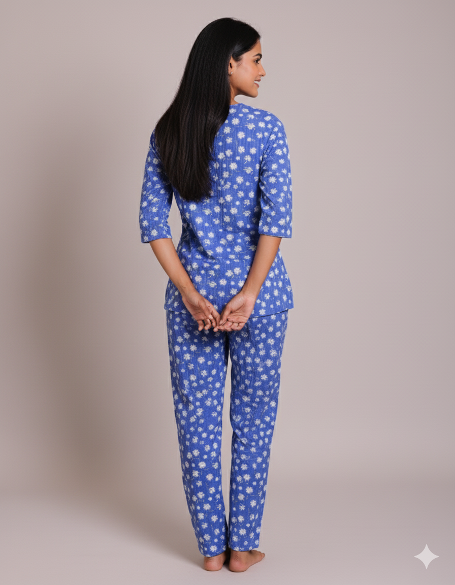 Blue-White Daisy Floral Print Pyjama Set (CS1v11)