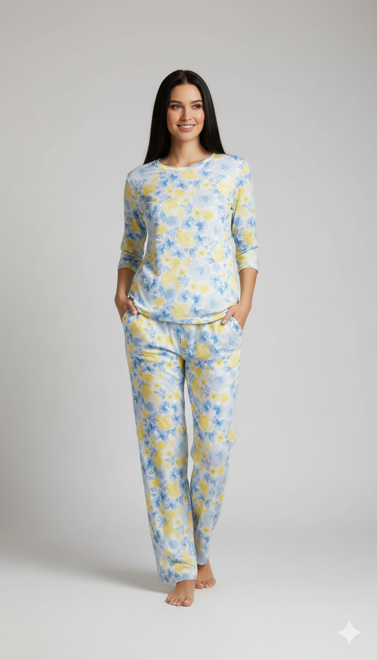 Blue-Yellow Floral Bunch Pyjama Set (CS1v17)