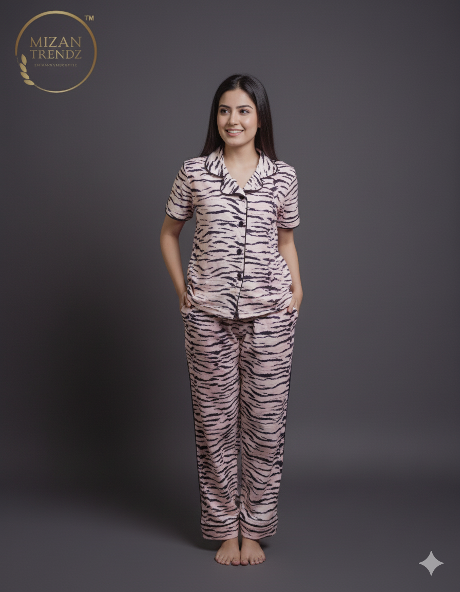 Tiger Print Button Down Night-Suit Set (MTF2v03)