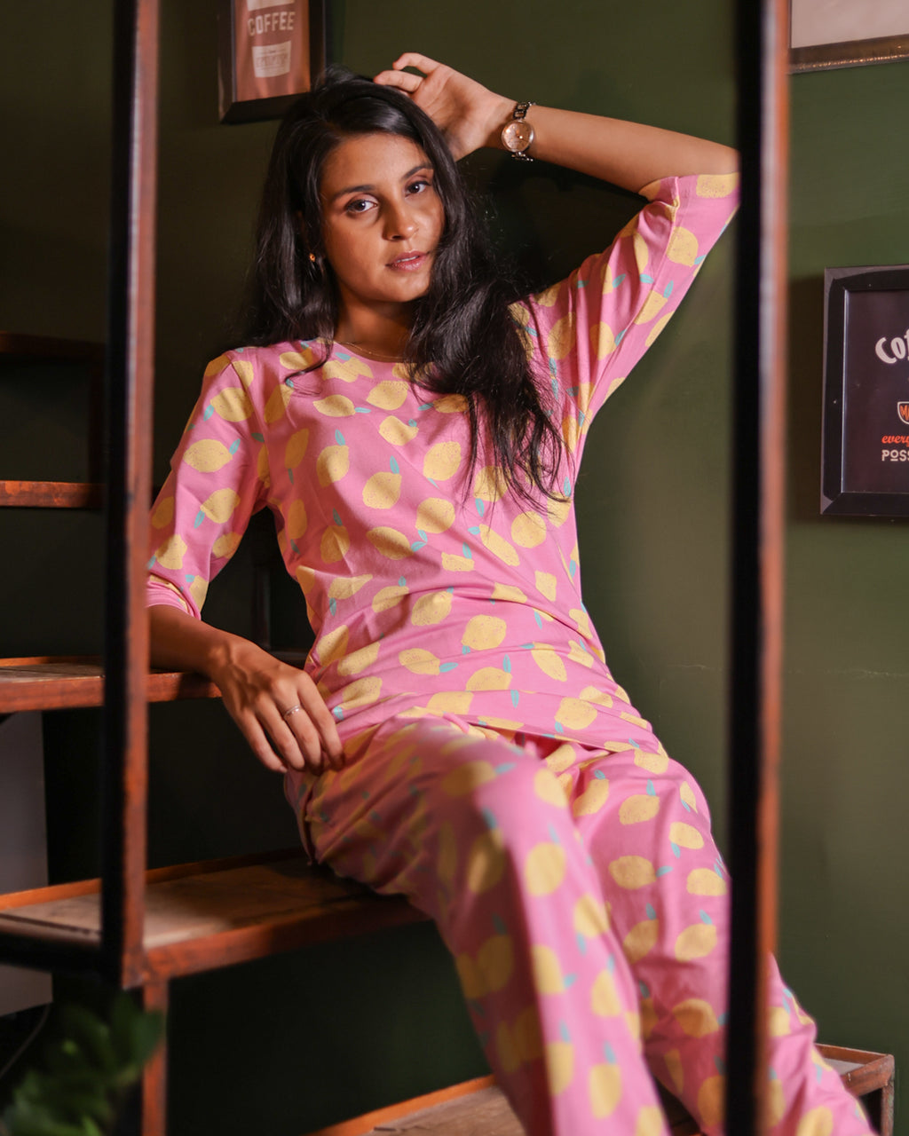 Pink Yellow Lemon Printed Pyjama Set (CS1v13)