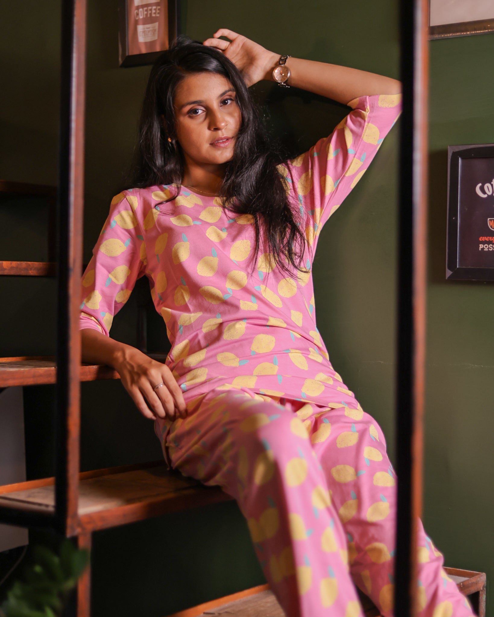 Pink Yellow Lemon Printed Pyjama Set (CS1v13)