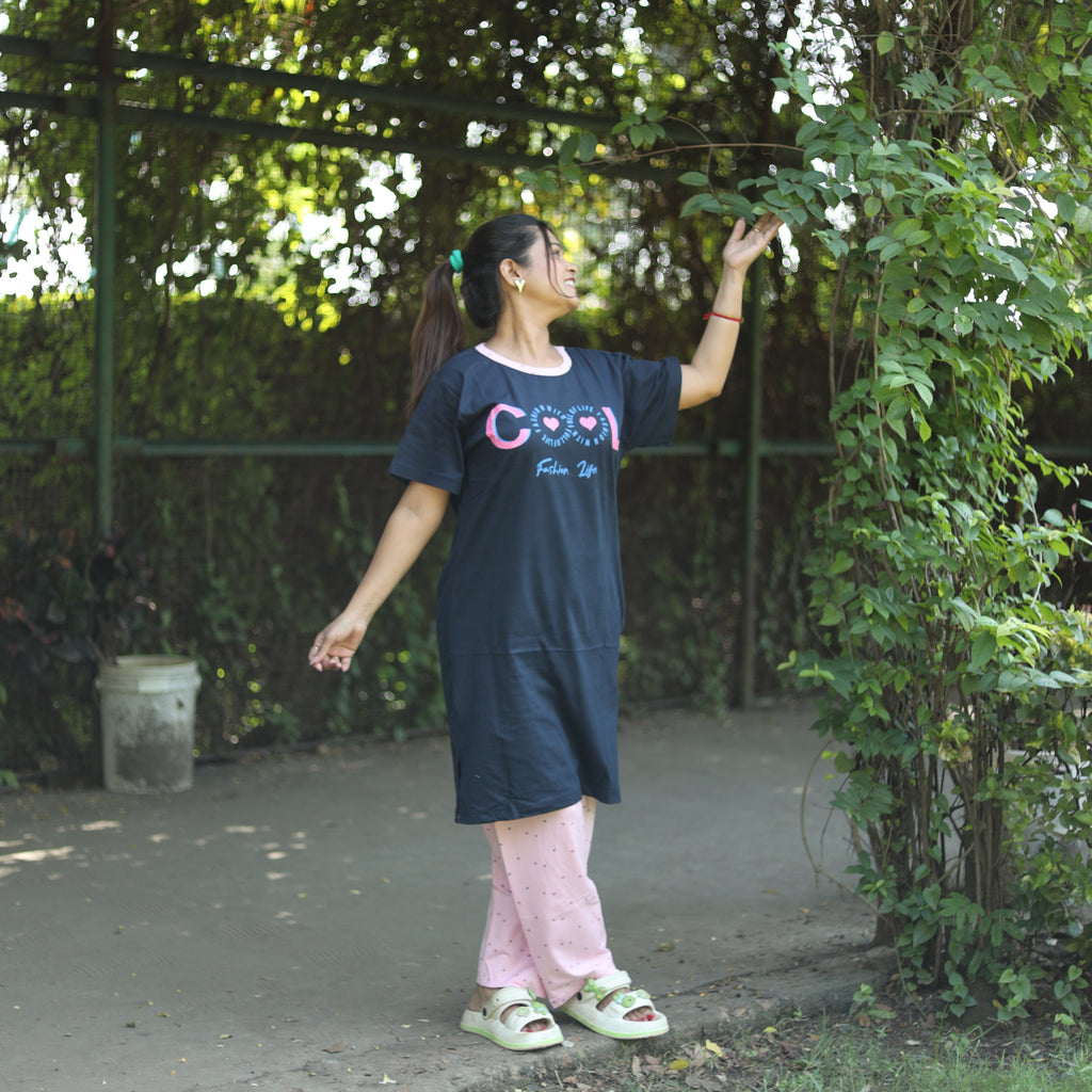 Cool Dark Blue Long T-Shirt Pajama Set (LP2v01)