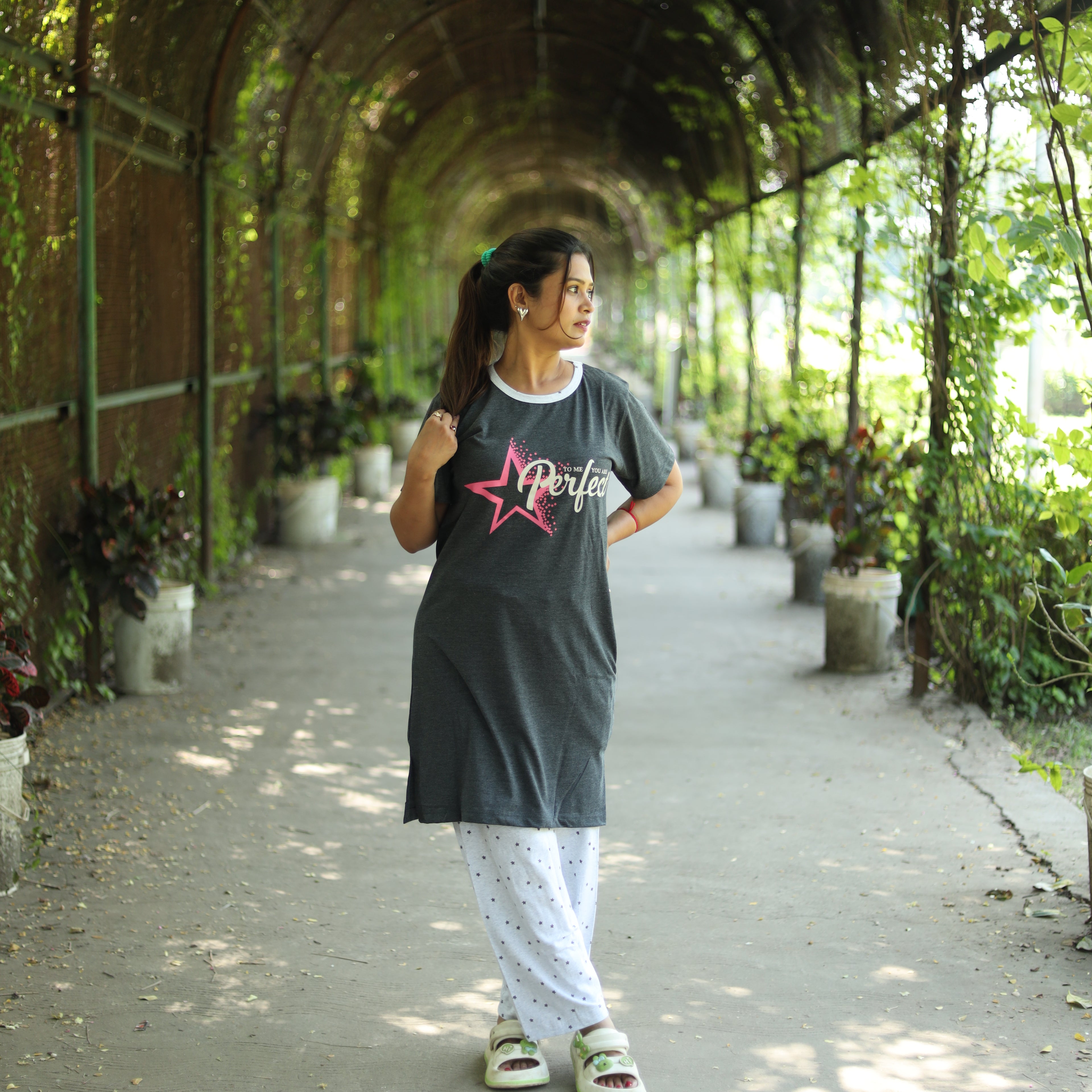 Perfect Dark Grey Long T-Shirt Pajama Set (LP2v02)