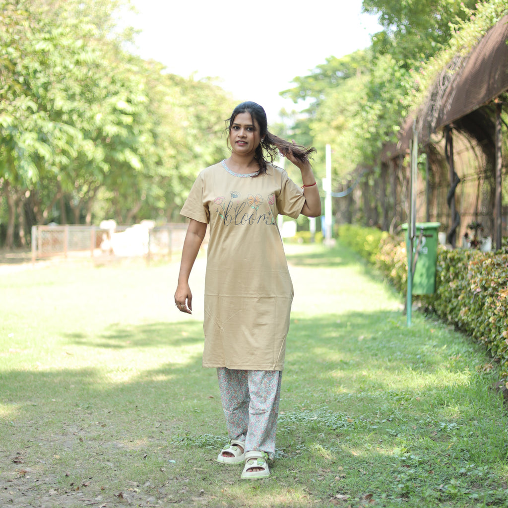 Bloom Skin Brown Long T-Shirt Pajama Set (LP2v04)