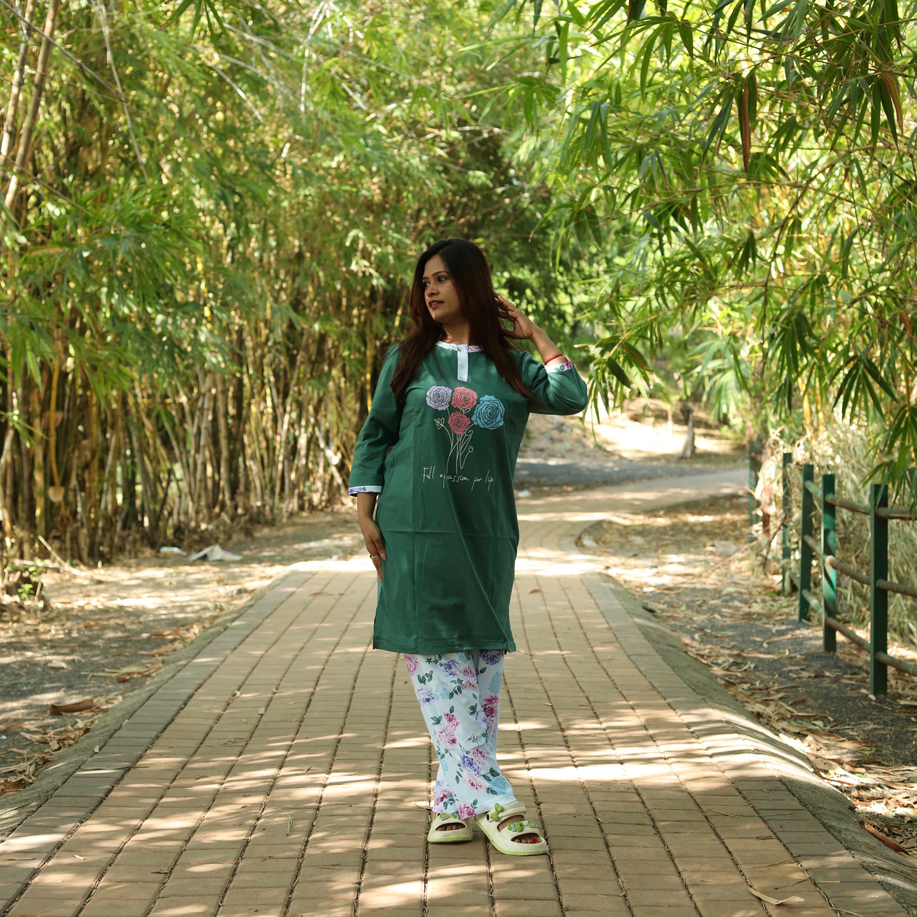 Dark Green Be Yourself Long T-Shirt Pyjama Set (LP3v04)