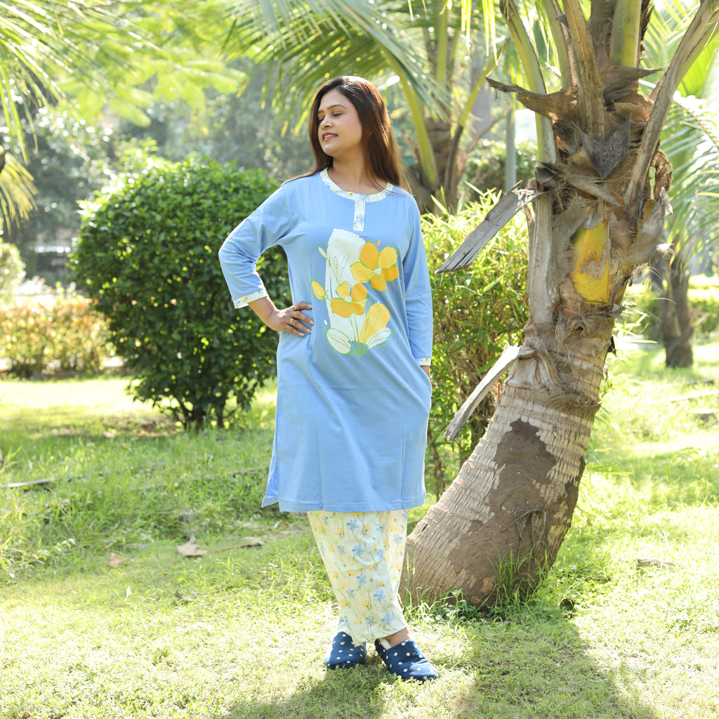 Sky Blue Florals Long T-Shirt Pajama Set (LP3V08)