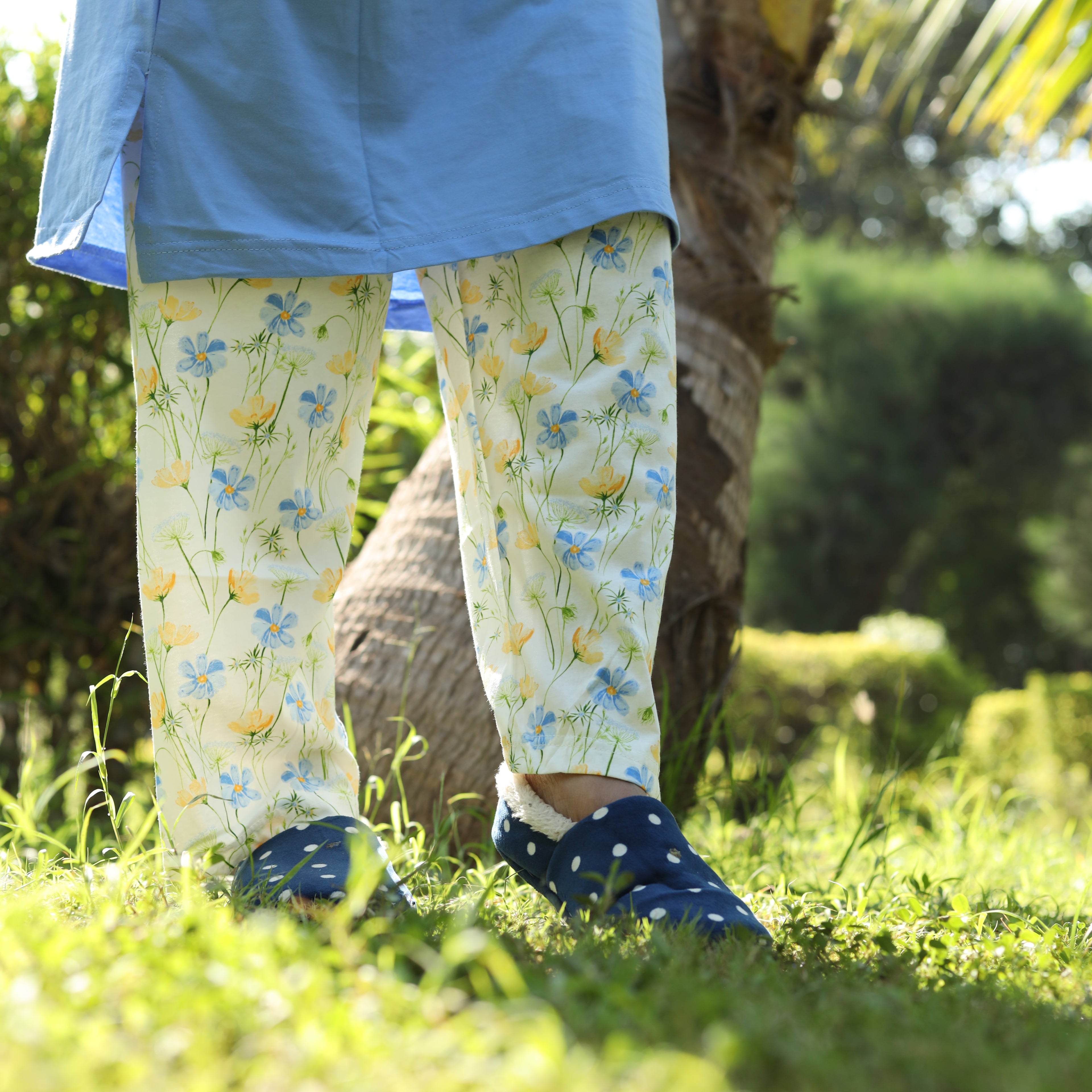 Sky Blue Florals Long T-Shirt Pajama Set (LP3V08)