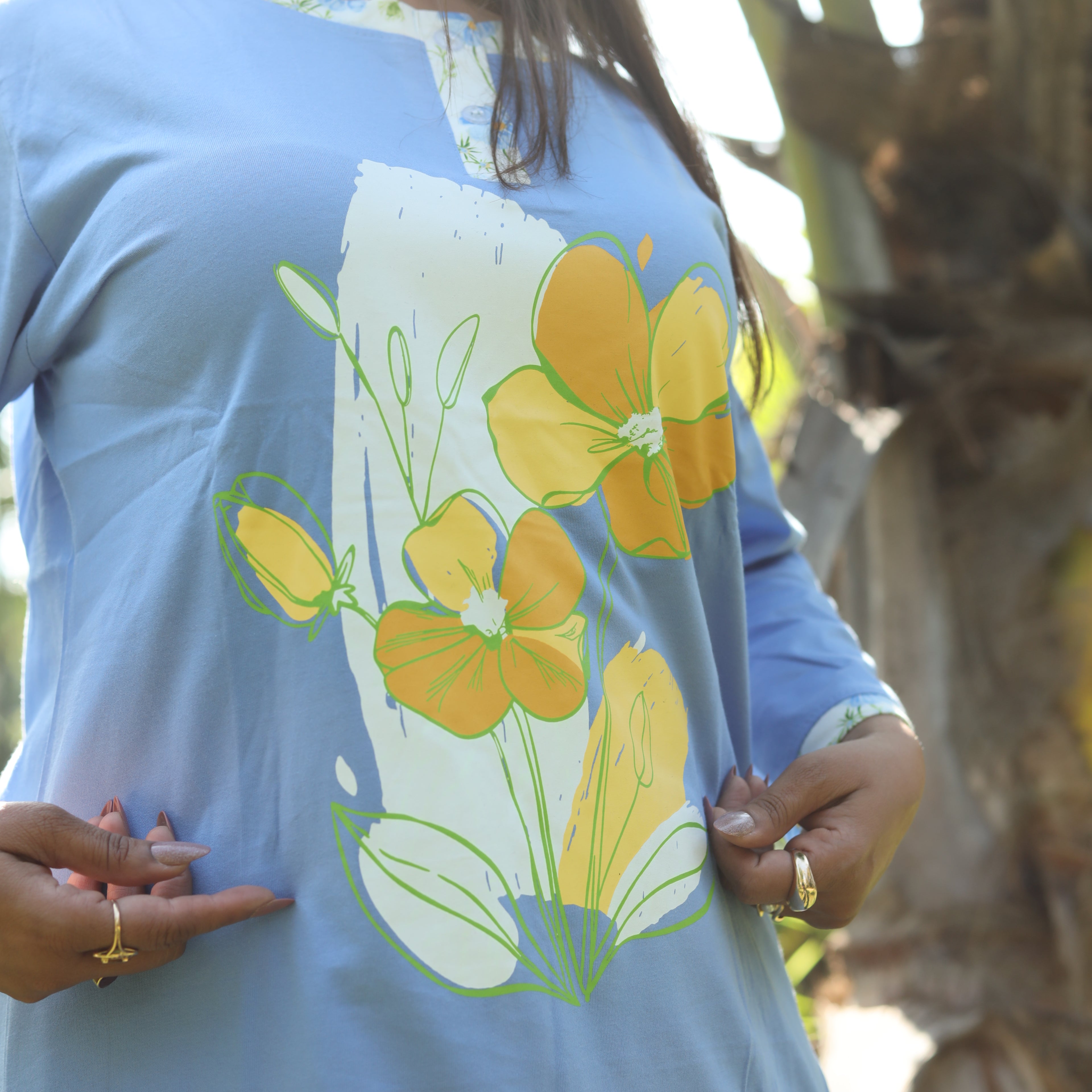 Sky Blue Florals Long T-Shirt Pajama Set (LP3V08)