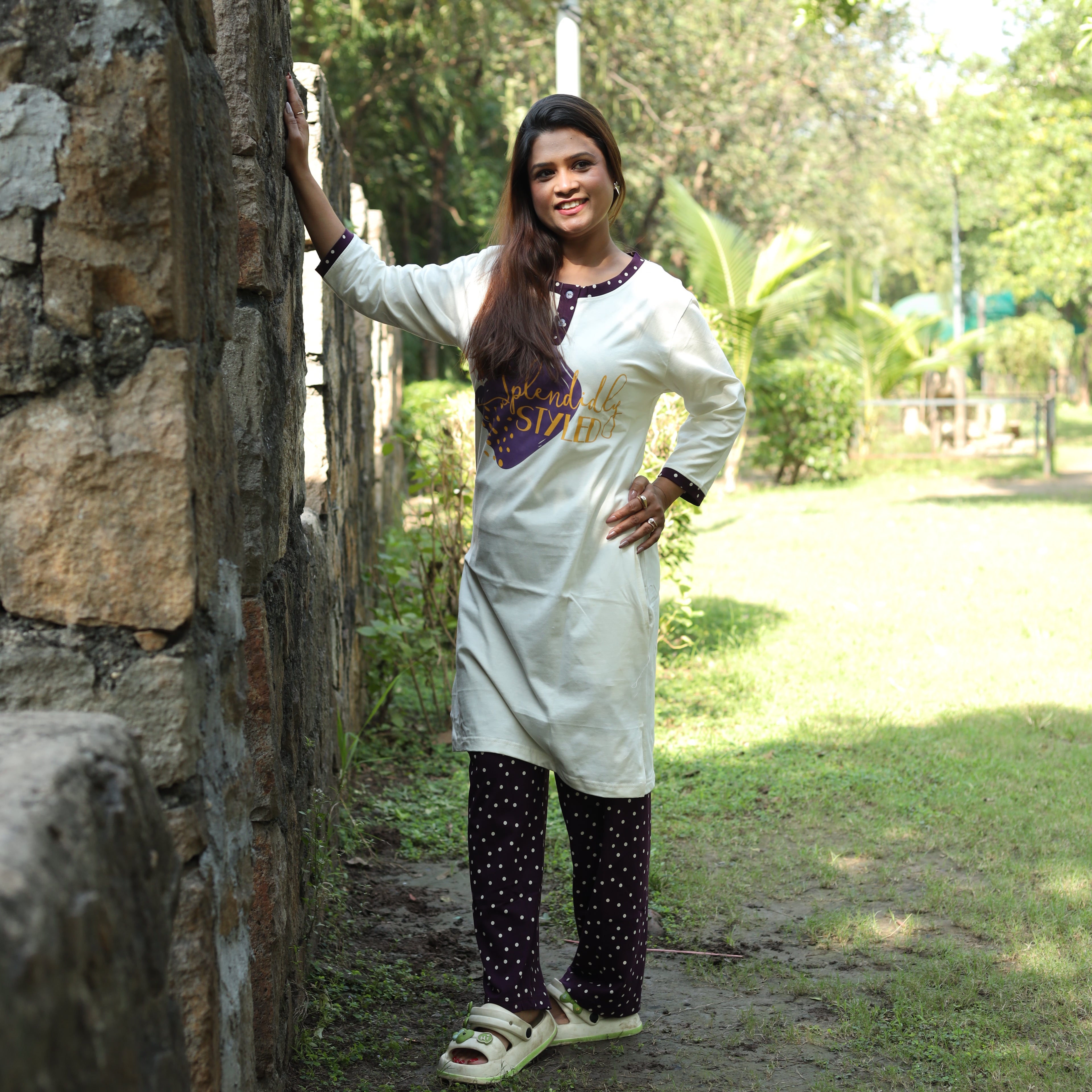 Off White Styled Long T-Shirt Pajama Set (LP3v05)