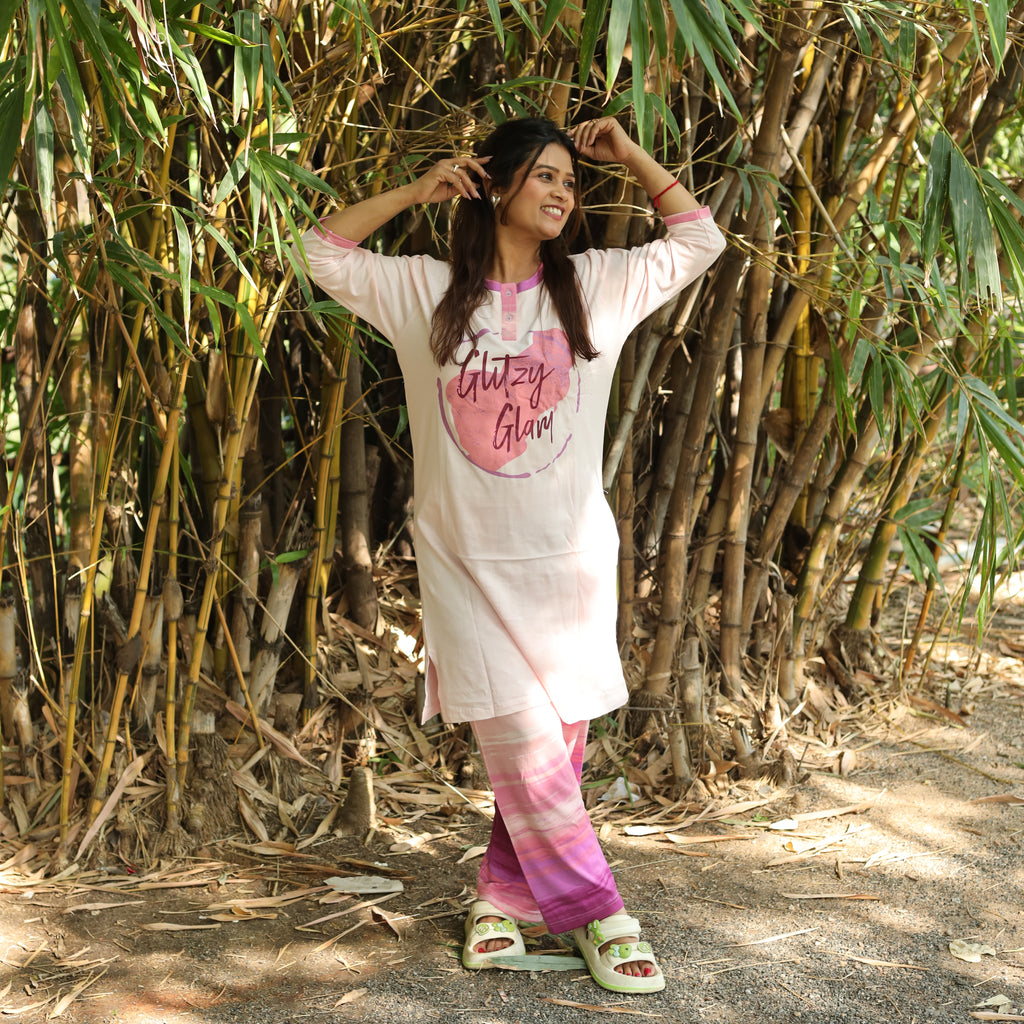 Champagne Pink Glitzy Glam Long T-Shirt Pyjama Set (LP3v10)