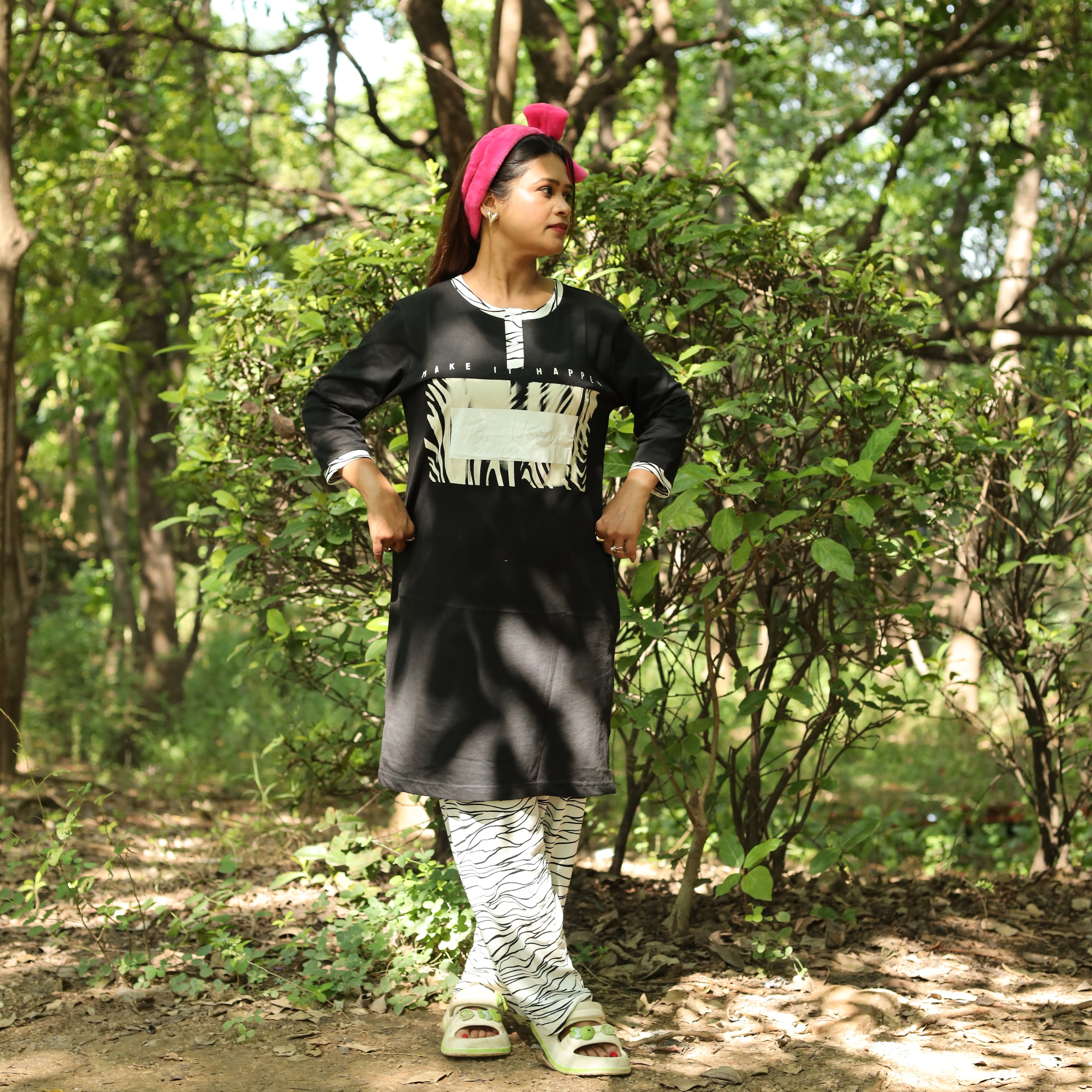 Black Happiness Long T-Shirt Pyjama Set (LP3v06)