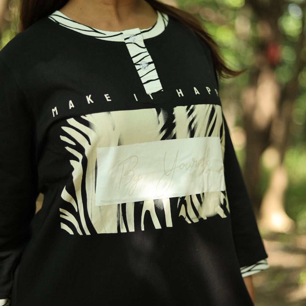 Black Happiness Long T-Shirt Pyjama Set (LP3v06)