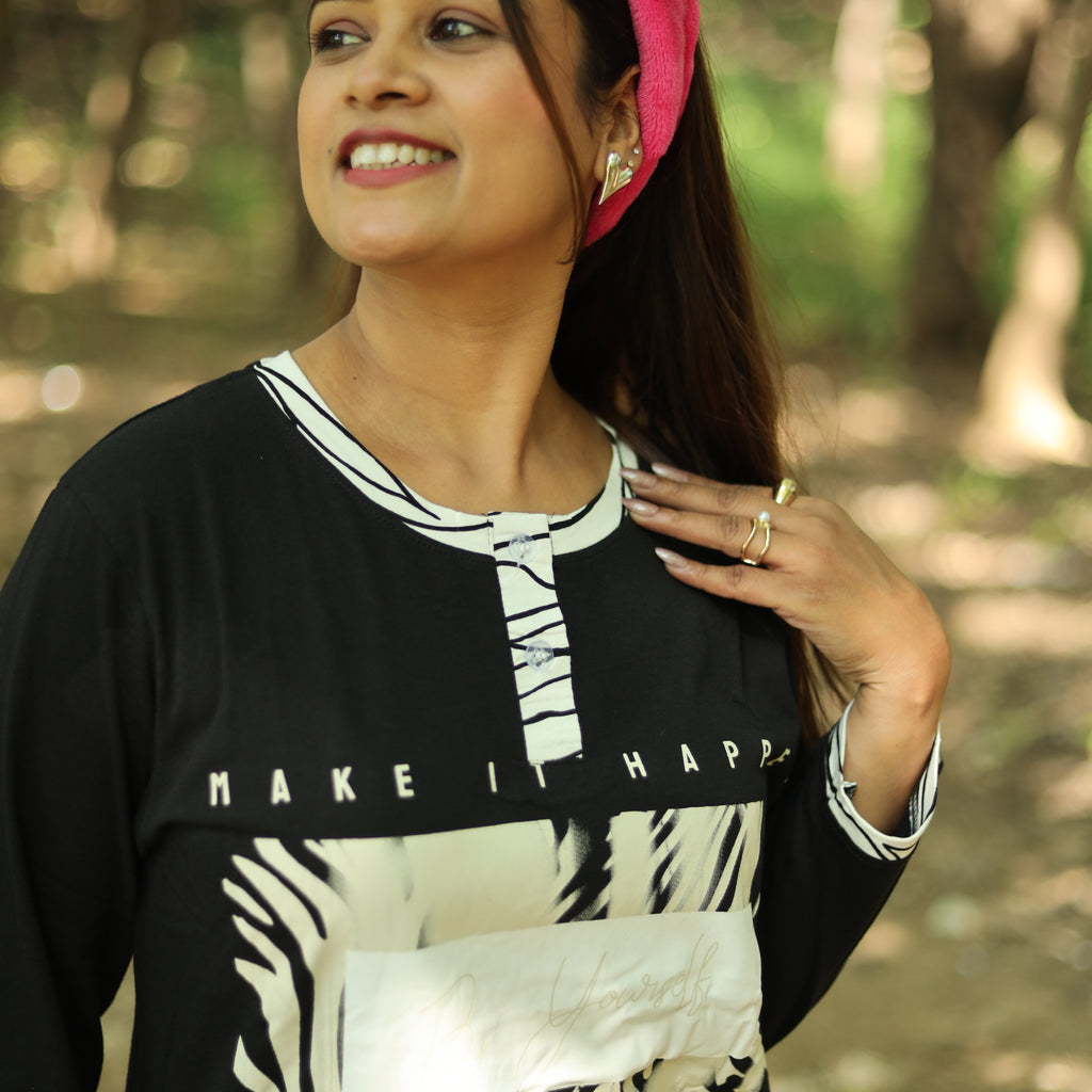 Black Happiness Long T-Shirt Pyjama Set (LP3v06)