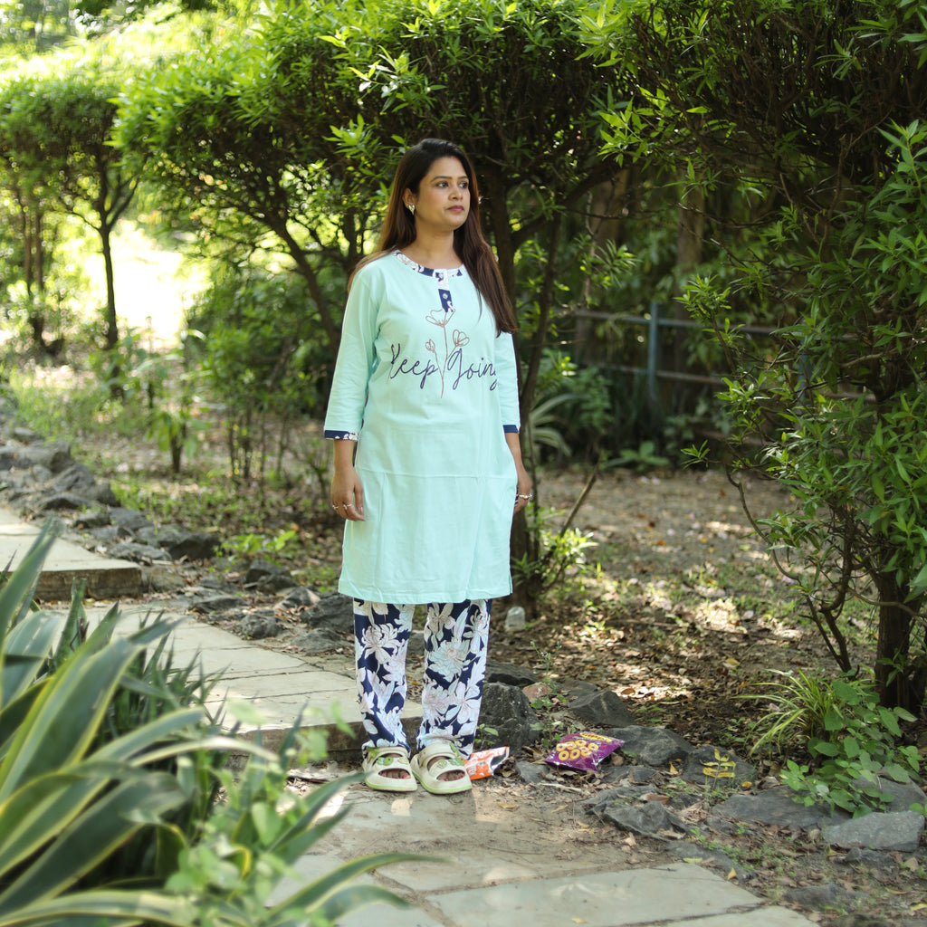 Sea Green Keep Going Long T-Shirt Pajama Set (LP3v02)