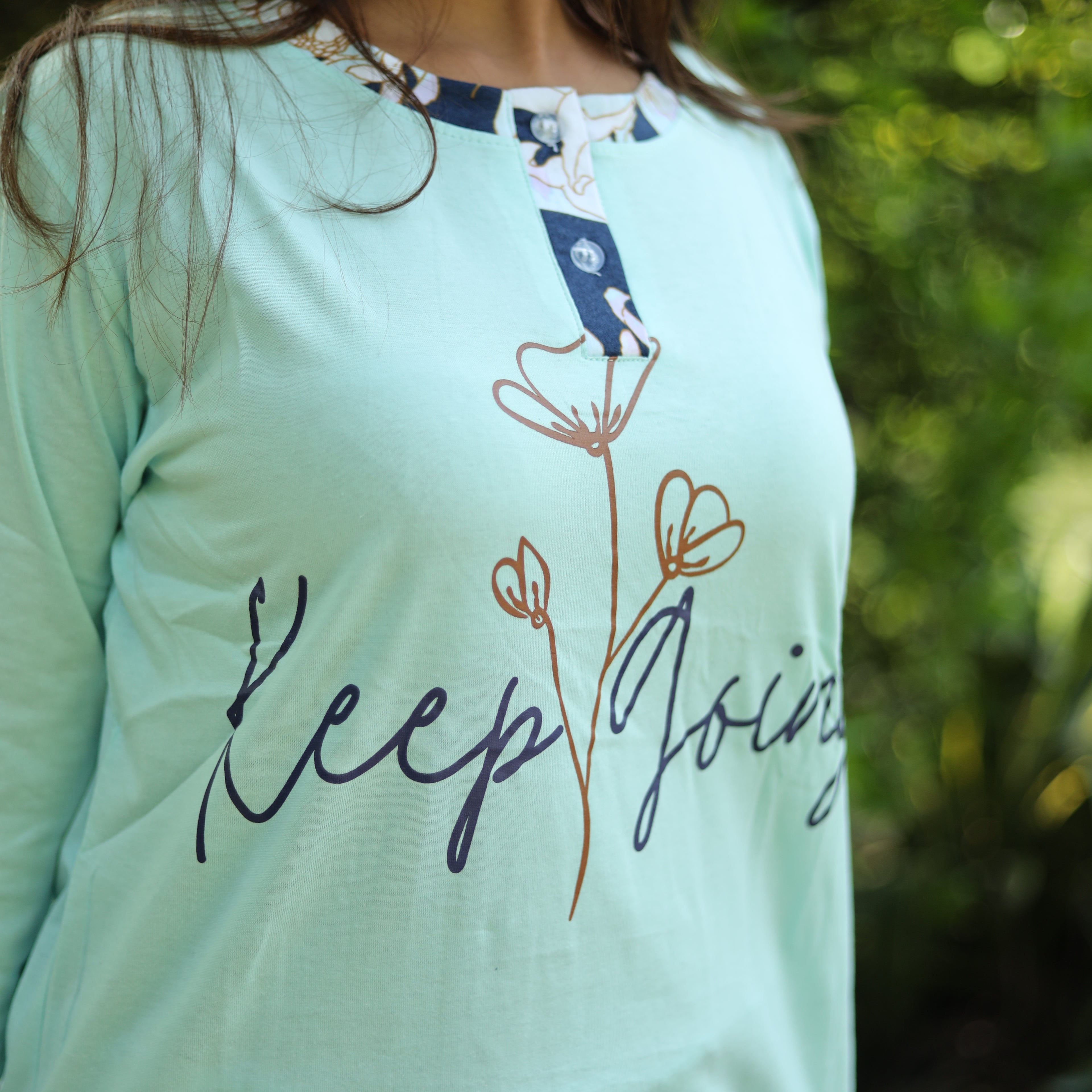 Sea Green Keep Going Long T-Shirt Pajama Set (LP3v02)