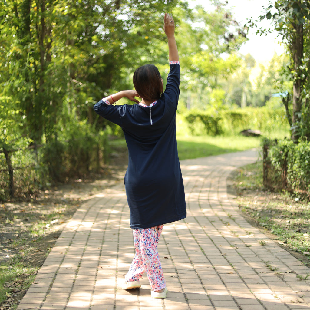 Dark Blue Blossom Long T-Shirt Pyjama Set (LP3v09)