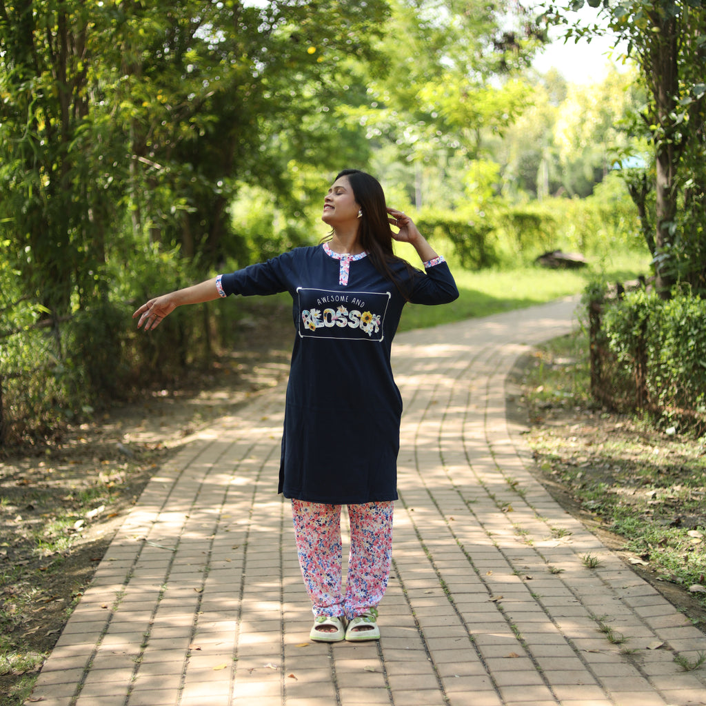 Dark Blue Blossom Long T-Shirt Pyjama Set (LP3v09)