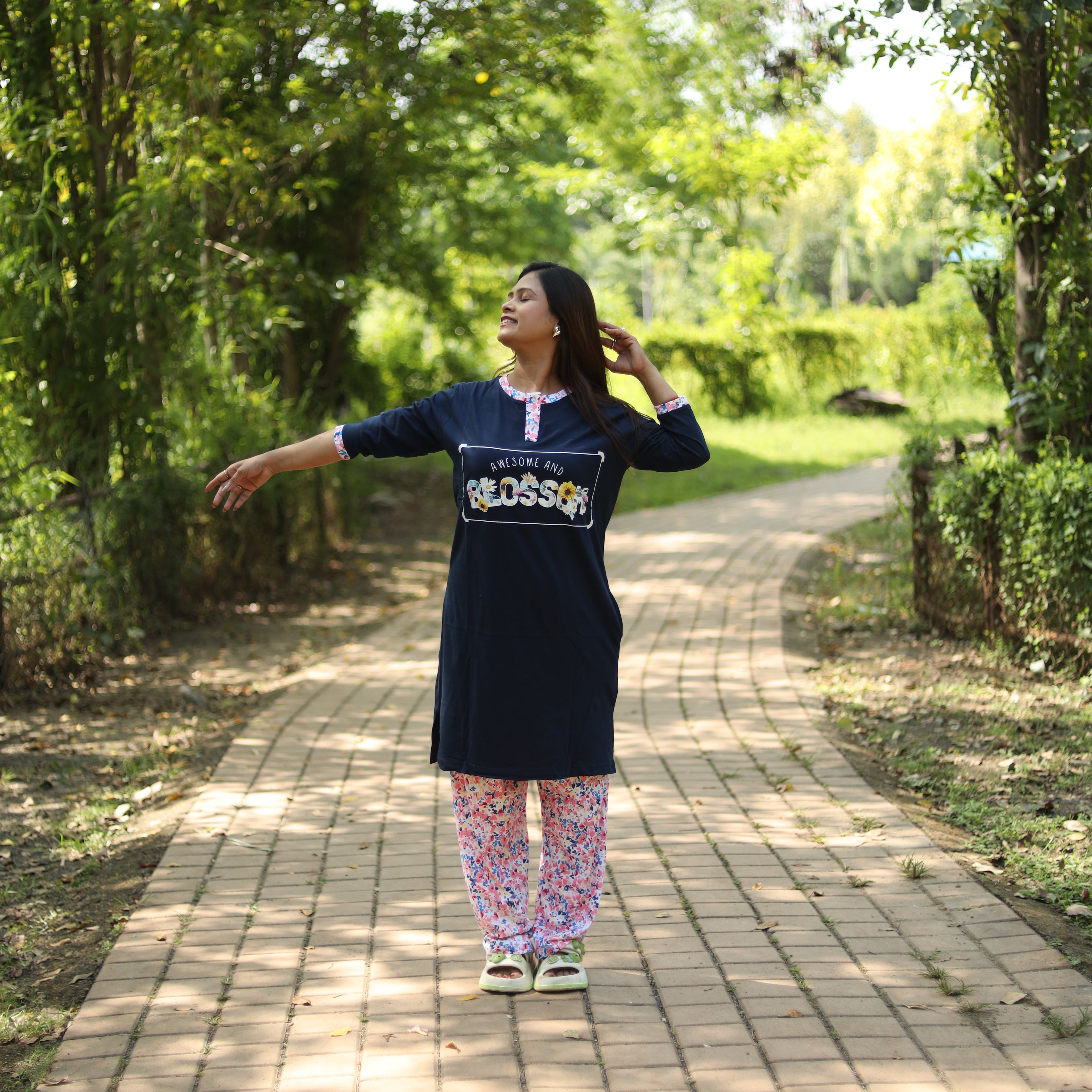 Dark Blue Blossom Long T-Shirt Pyjama Set (LP3v09)