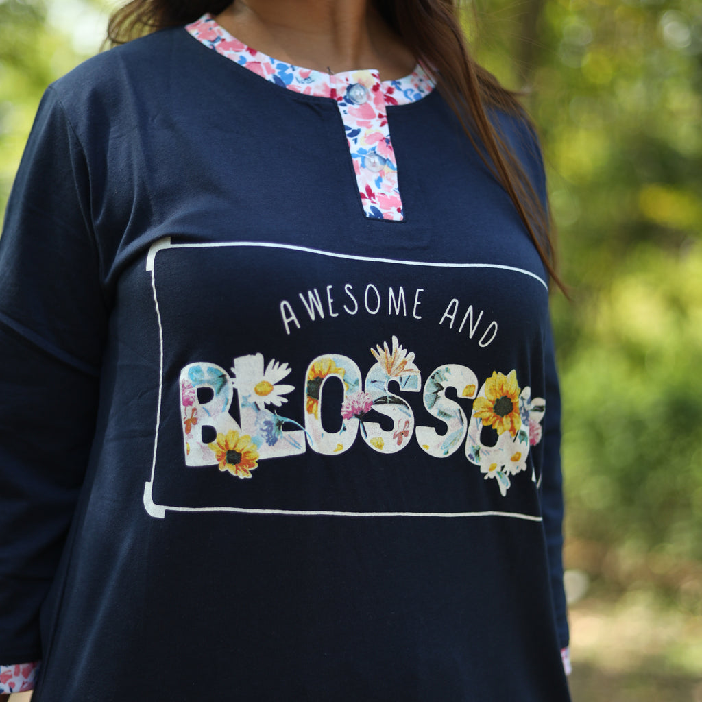 Dark Blue Blossom Long T-Shirt Pyjama Set (LP3v09)