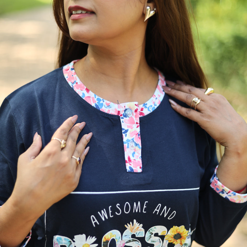 Dark Blue Blossom Long T-Shirt Pyjama Set (LP3v09)