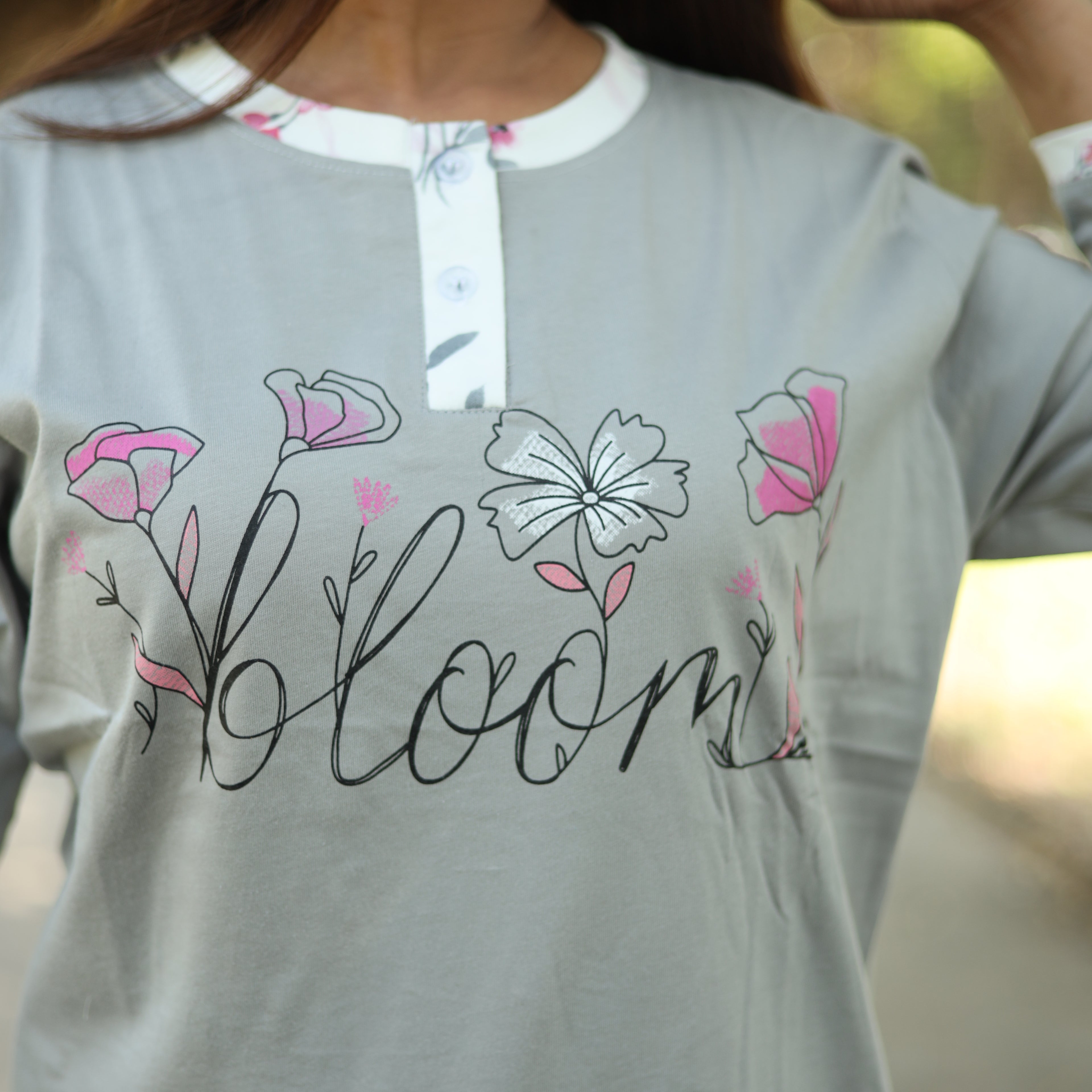Grey Blossom Flower Long T-Shirt Pajama Set (LP3v11)