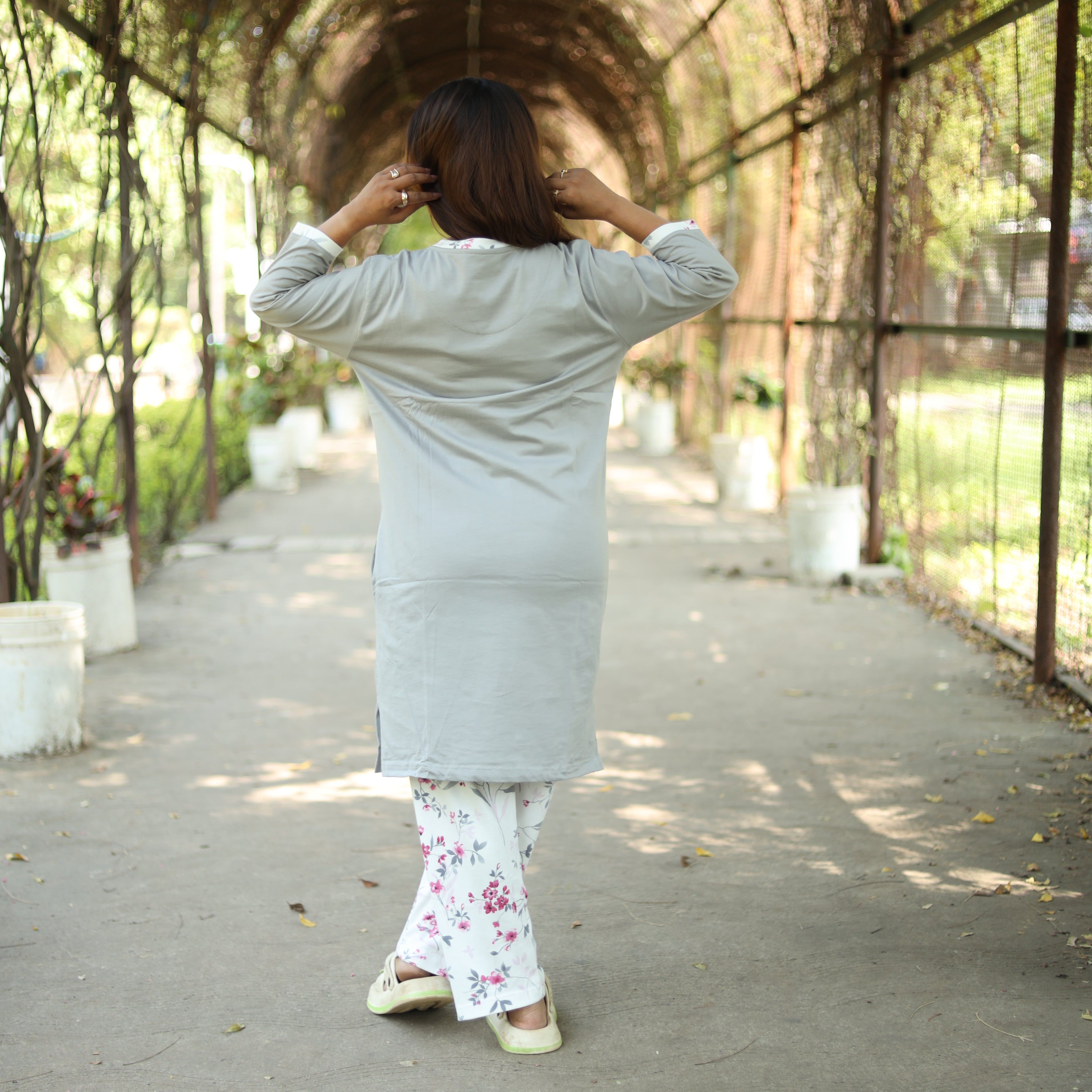 Grey Blossom Flower Long T-Shirt Pajama Set (LP3v11)