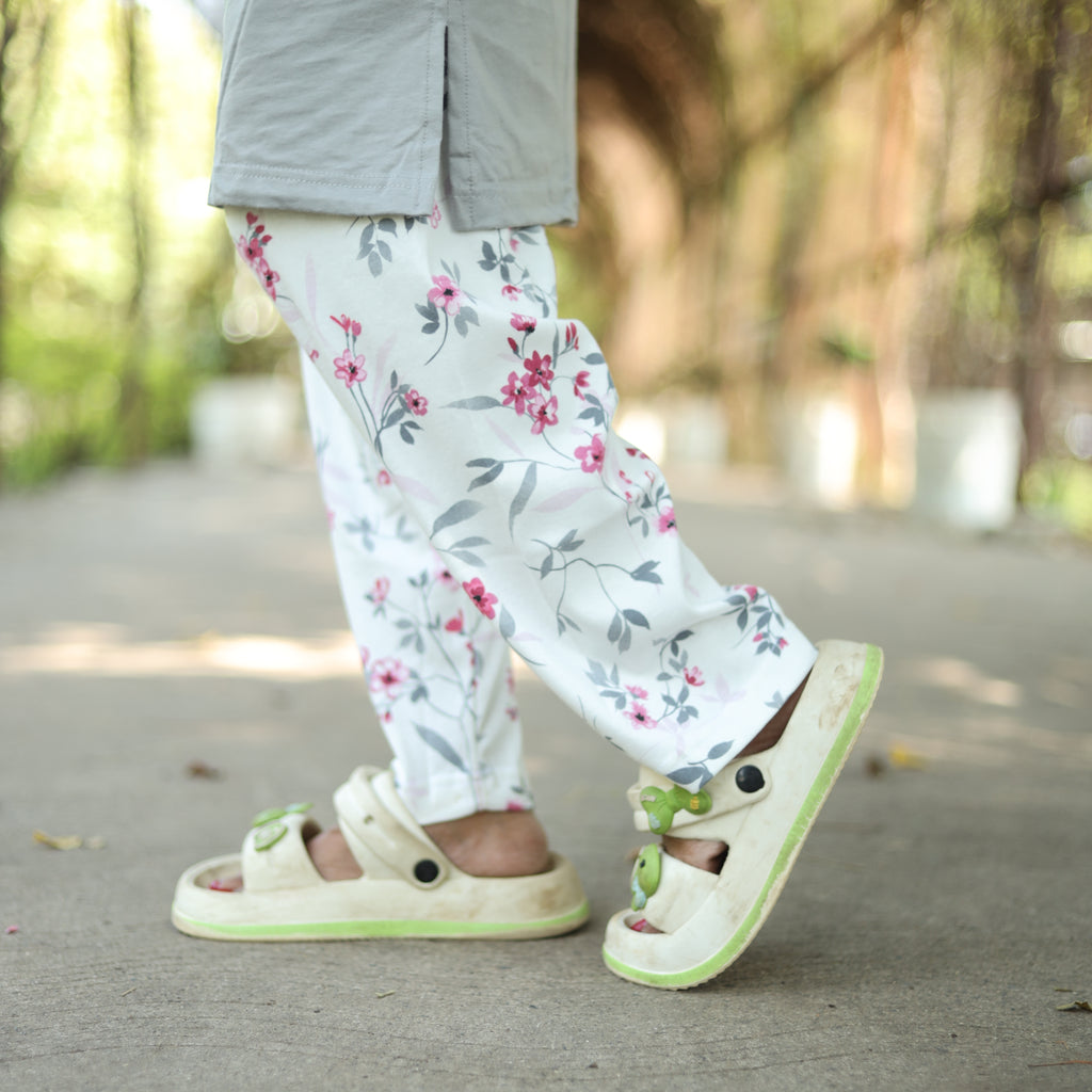 Grey Blossom Flower Long T-Shirt Pajama Set (LP3v11)