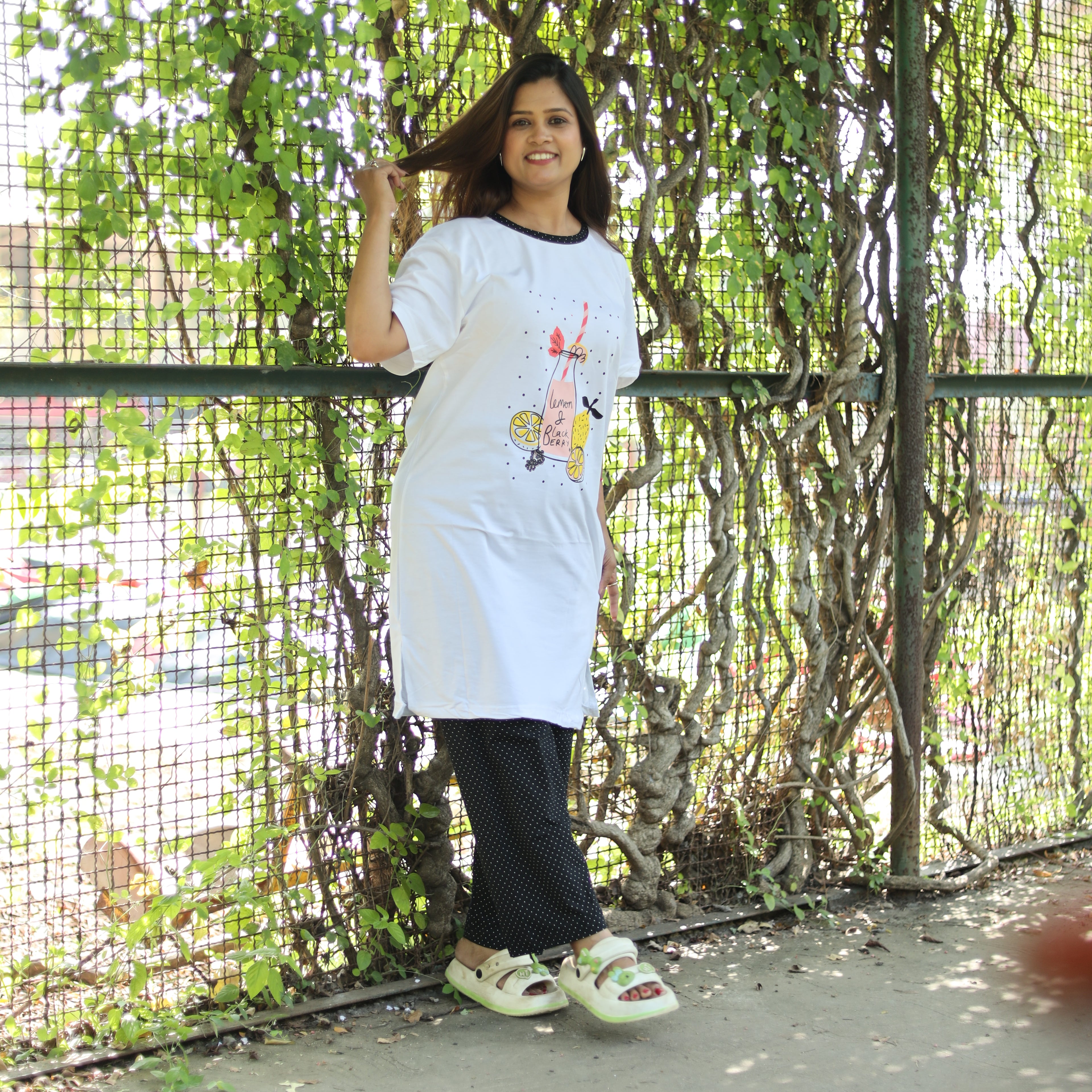 White & Black Long T-Shirt Pajama Set (LP2v08)