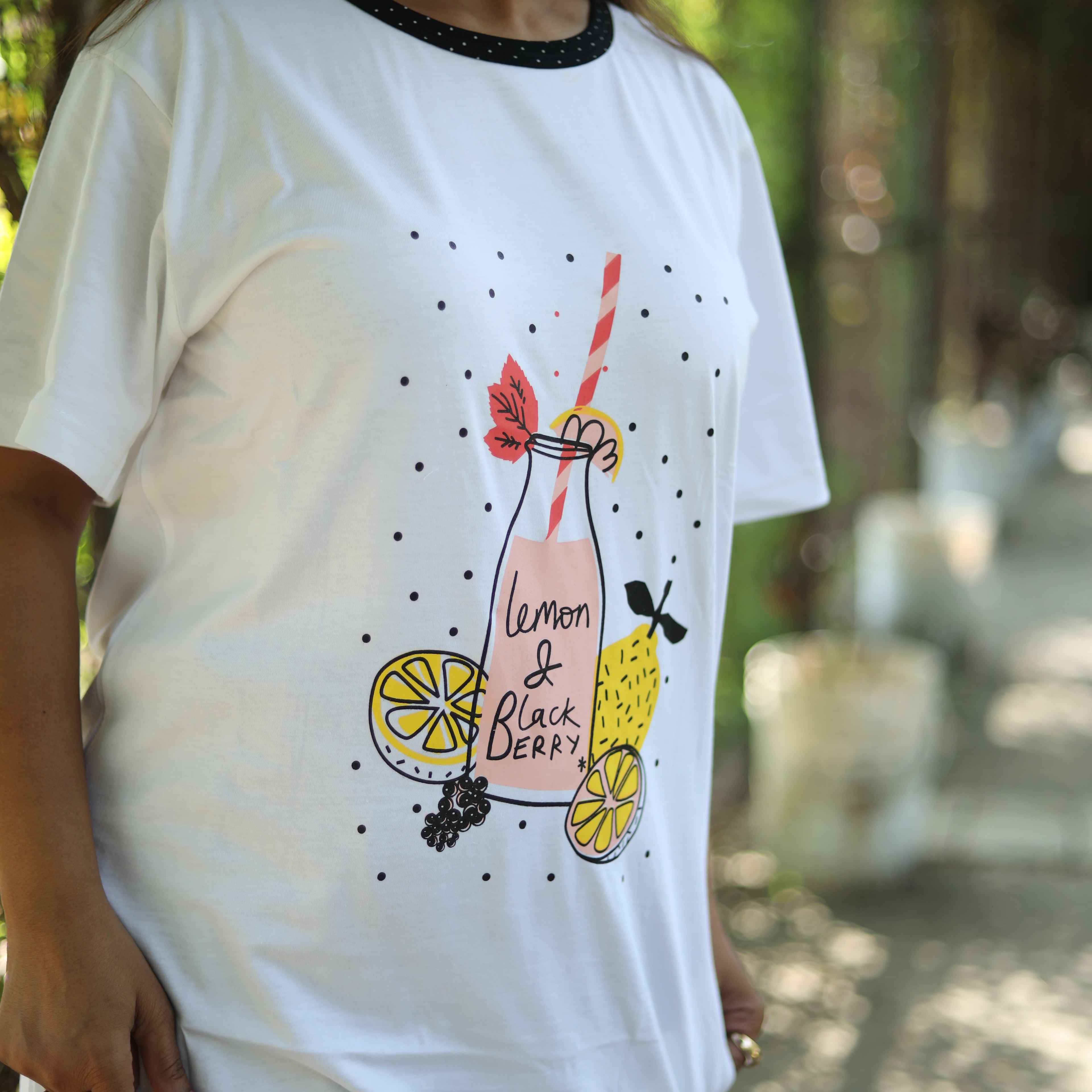 White & Black Long T-Shirt Pajama Set (LP2v08)