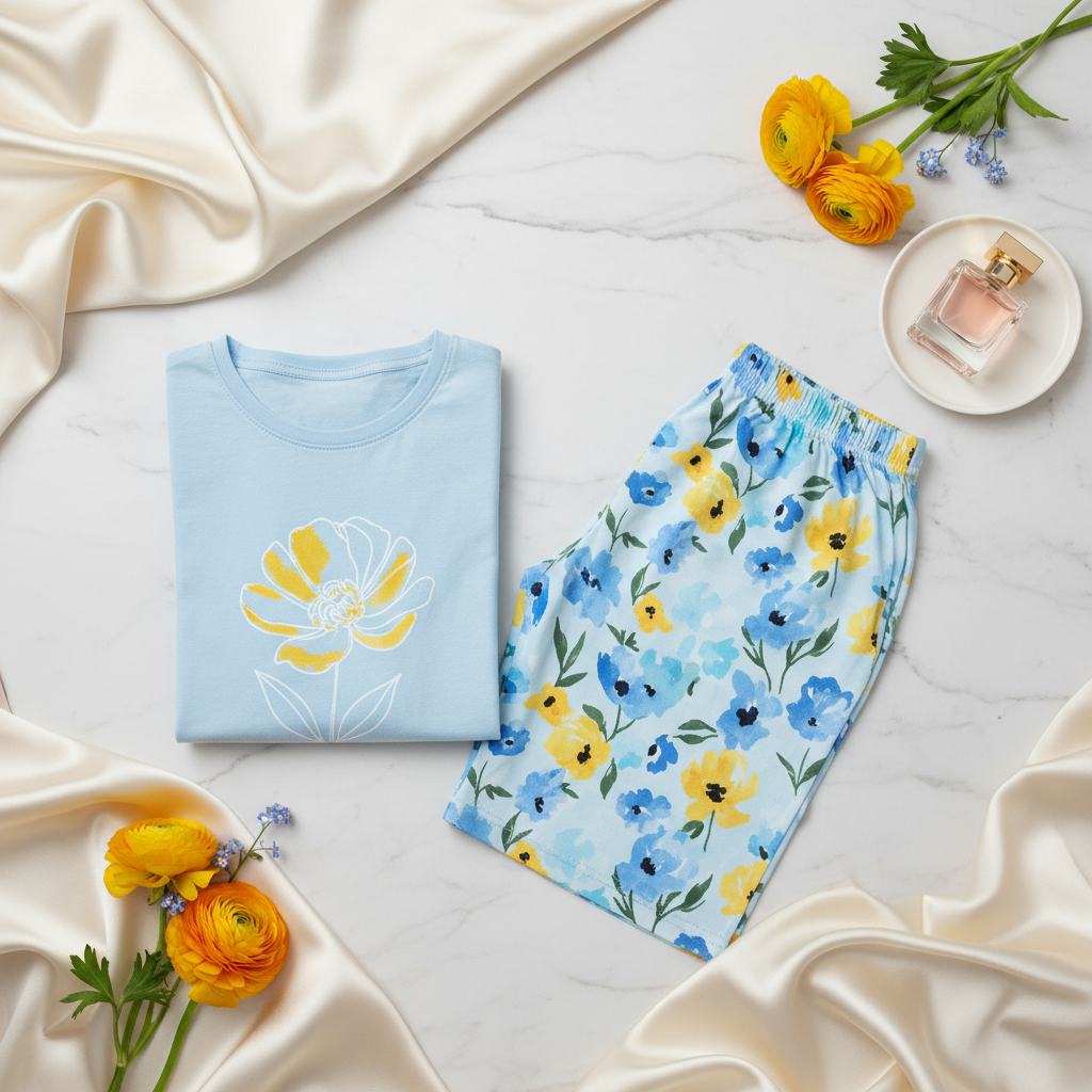 Blue Floral Pyjama Set - Premium Flat-Lay