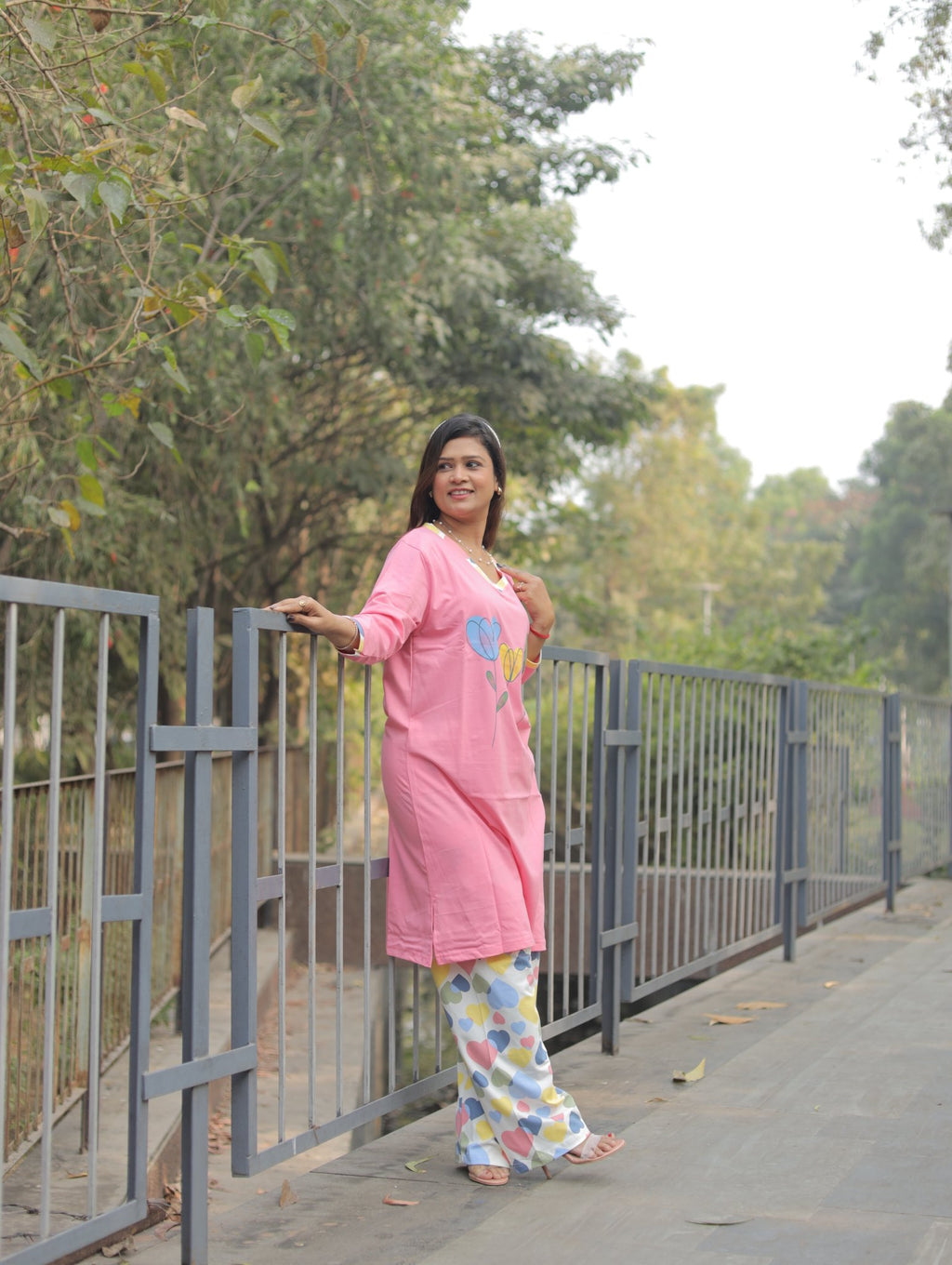 Pink Flower Long T-shirt Pyjama Set (LP04v06)