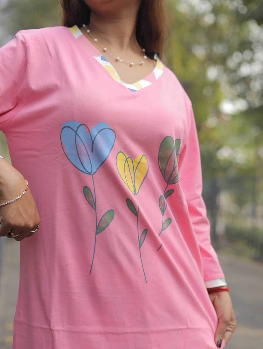 Pink Flower Long T-shirt Pyjama Set (LP04v06)