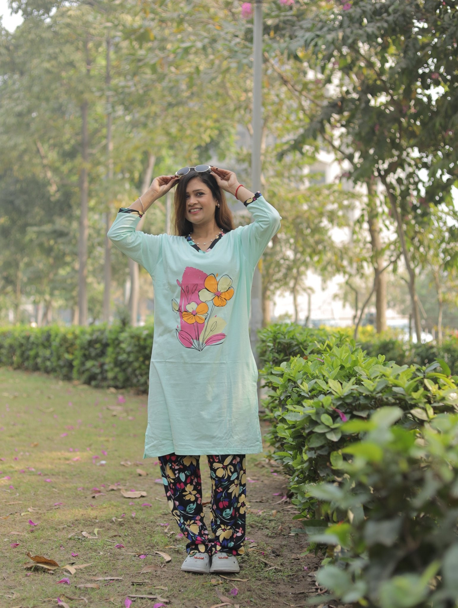 Elite Sea Green - Flower Long T-shirt Pyjama Set (Lp04v07)