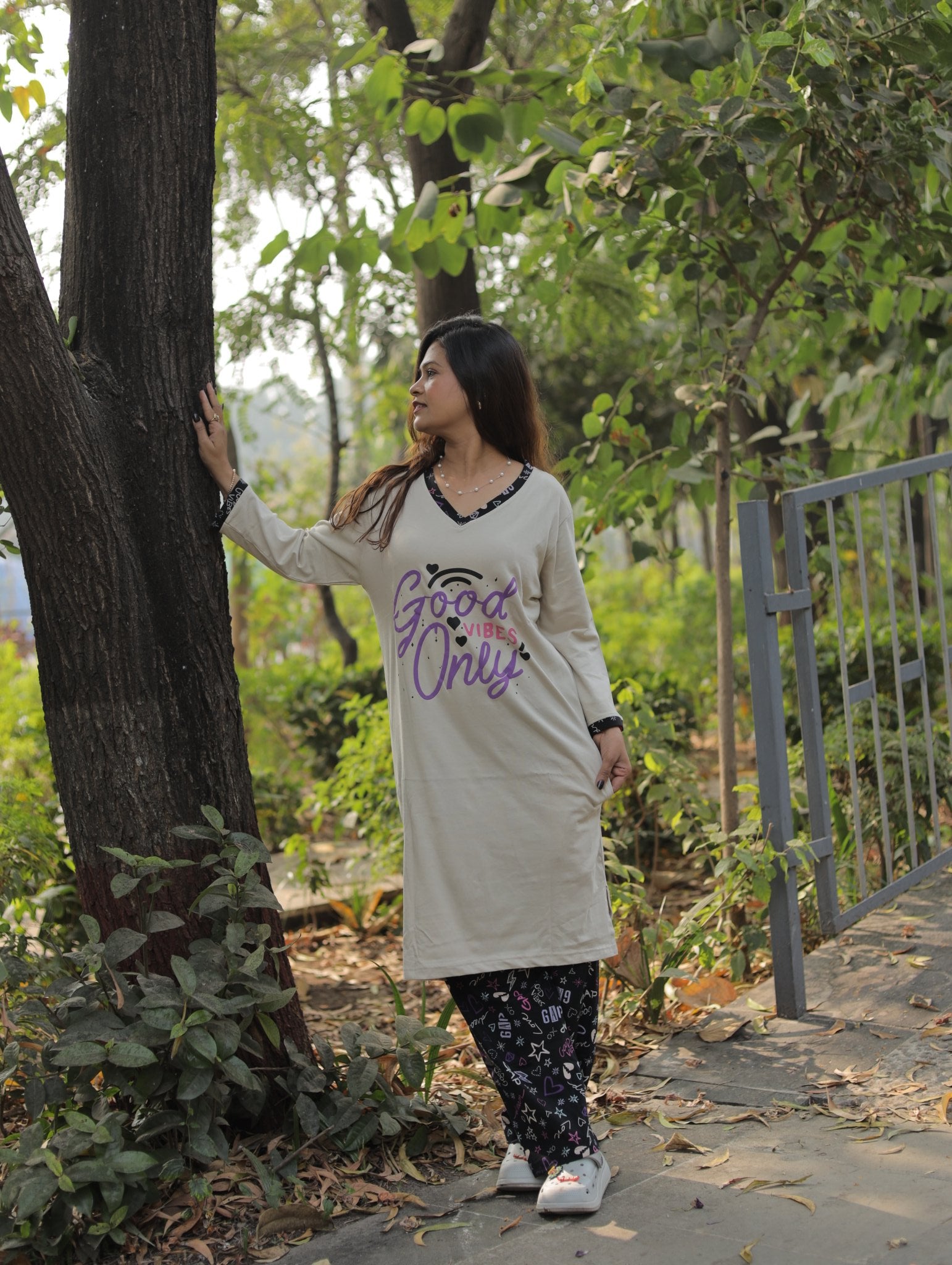 Elite Grey Good Vibes Long T-shirt Pyjama Set (Lp04v09)