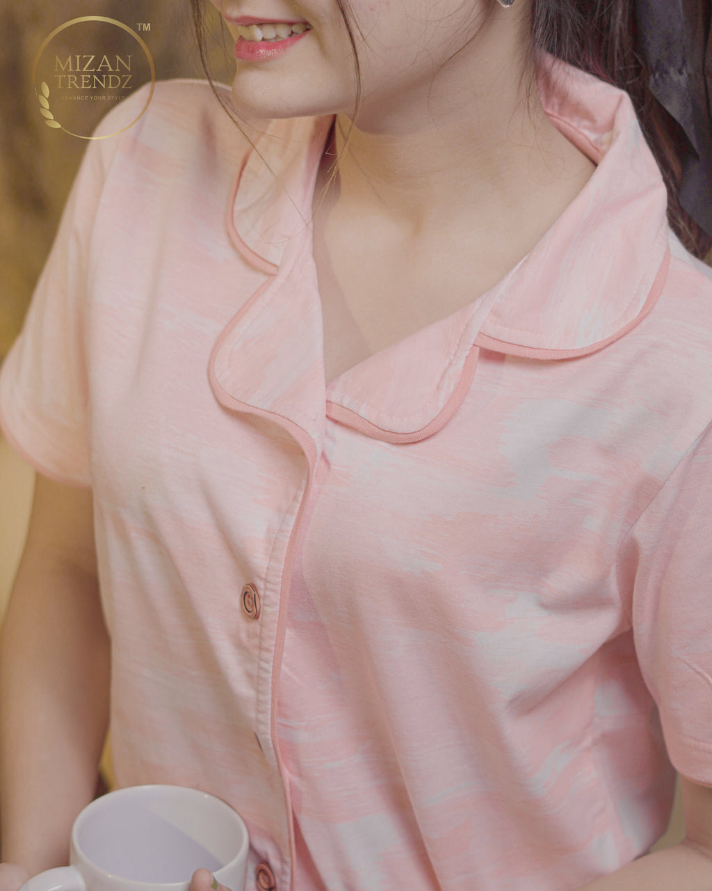 Peach Houndstooth Print Button Down Night Suit Set (MTF2v04)