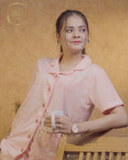 Peach Houndstooth Print Button Down Night Suit Set (MTF2v04)