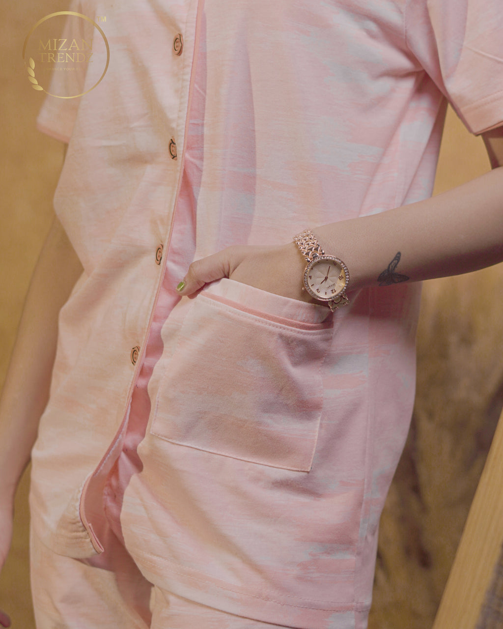 Peach Houndstooth Print Button Down Night Suit Set (MTF2v04)