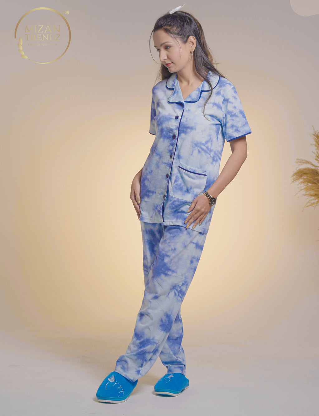 Denim Blue Button Down Night-Suit Set (MTF2v02)