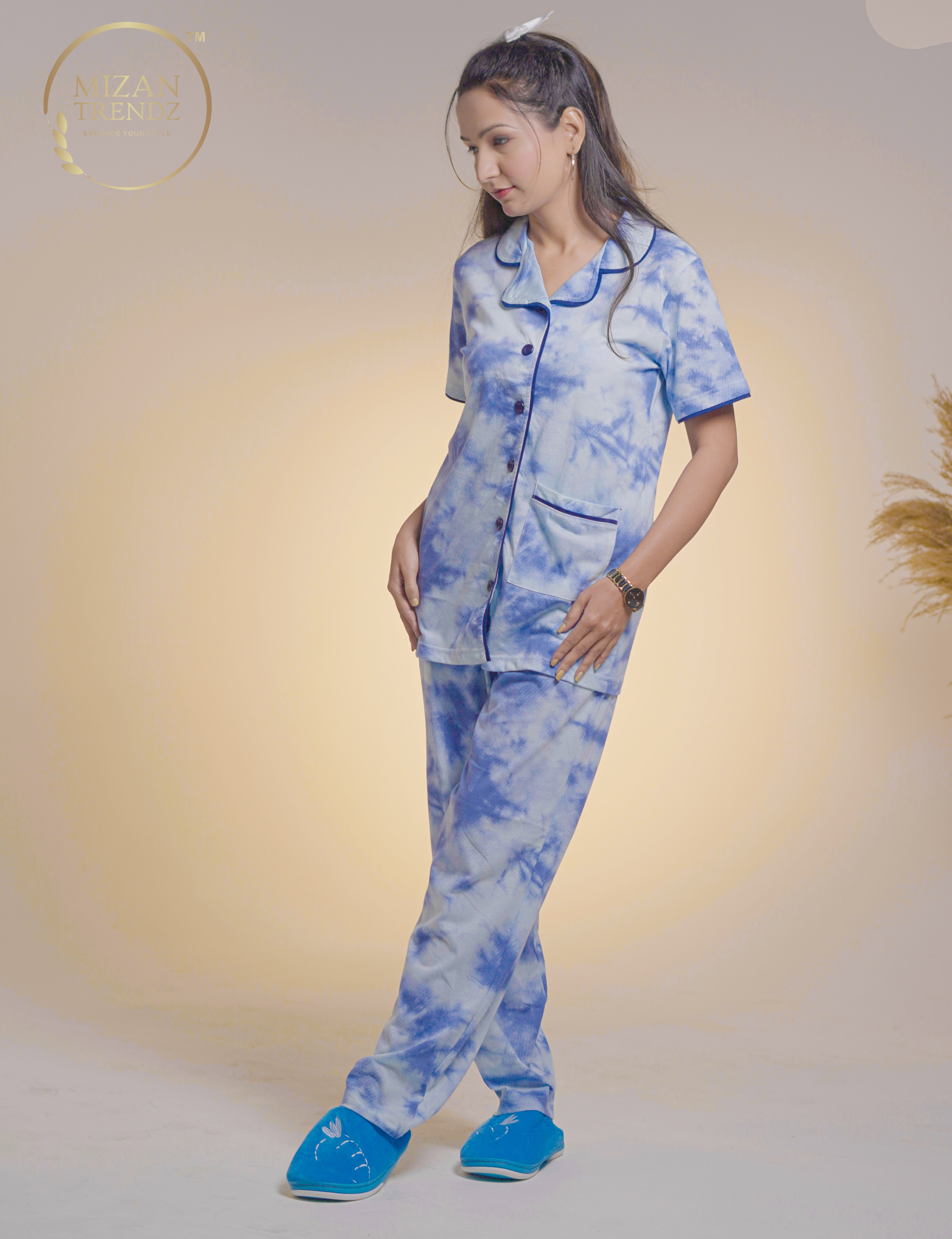 Denim Blue Button Down Night-Suit Set (MTF2v02)