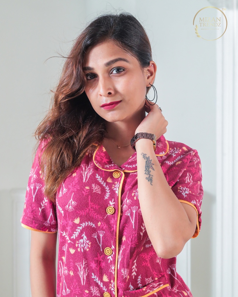 Floral Maroon Print - Front Open PJ Set