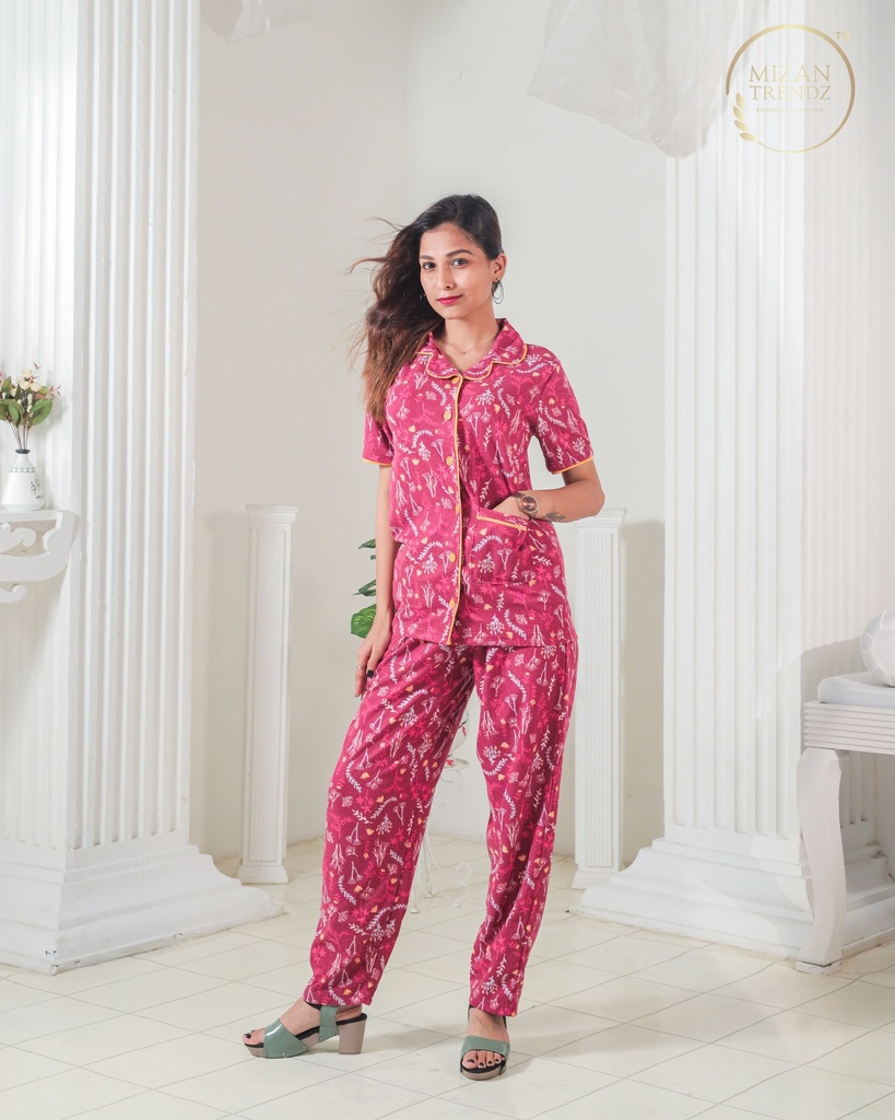 Floral Maroon Print - Front Open PJ Set