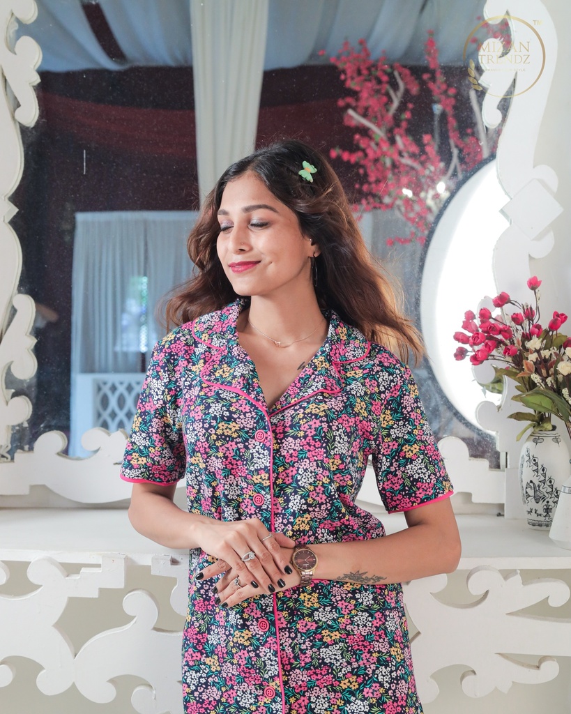 Multi-Color Floral Print - Front Open PJ Set (MTFBv102) 