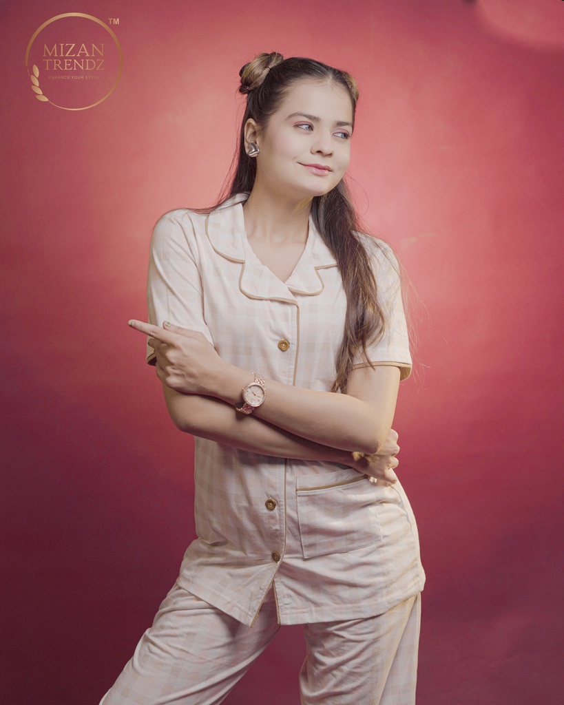 Peach-White Tartans Design Pajama Set (MTF2v08)  