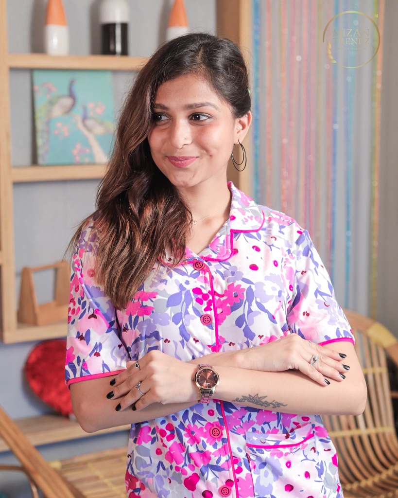 Floral Purple-Mix Print - Front Open PJ Set (MTFB1v04) 